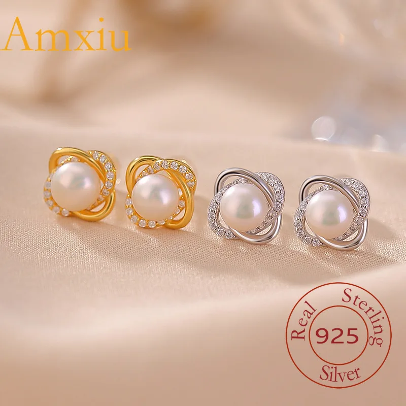 

Amxiu, стерлинговое серебро 925, натуральный пресноводный жемчуг S, чистое серебро, позолоченные легкие роскошные серьги Mobius высокого класса