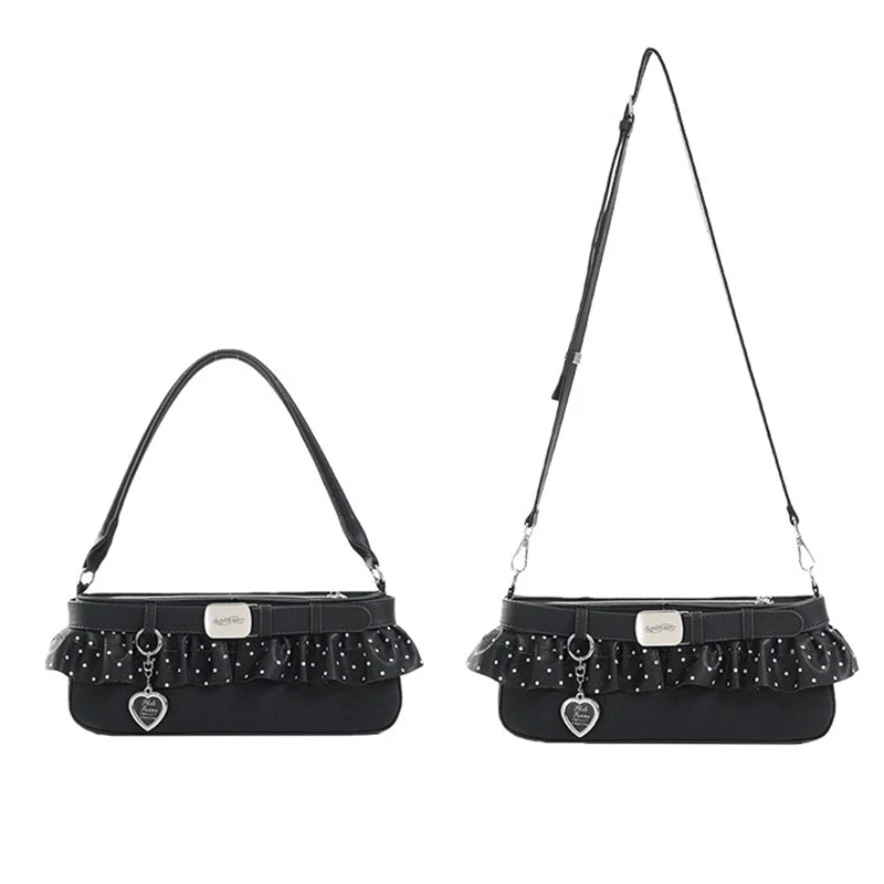 

Elegant Polka Dot Ruffled Shoulder Bag Luxury Y2k Crossbody Bag Women Simple Versatile Underarm Bags Casual With Metal Pendant