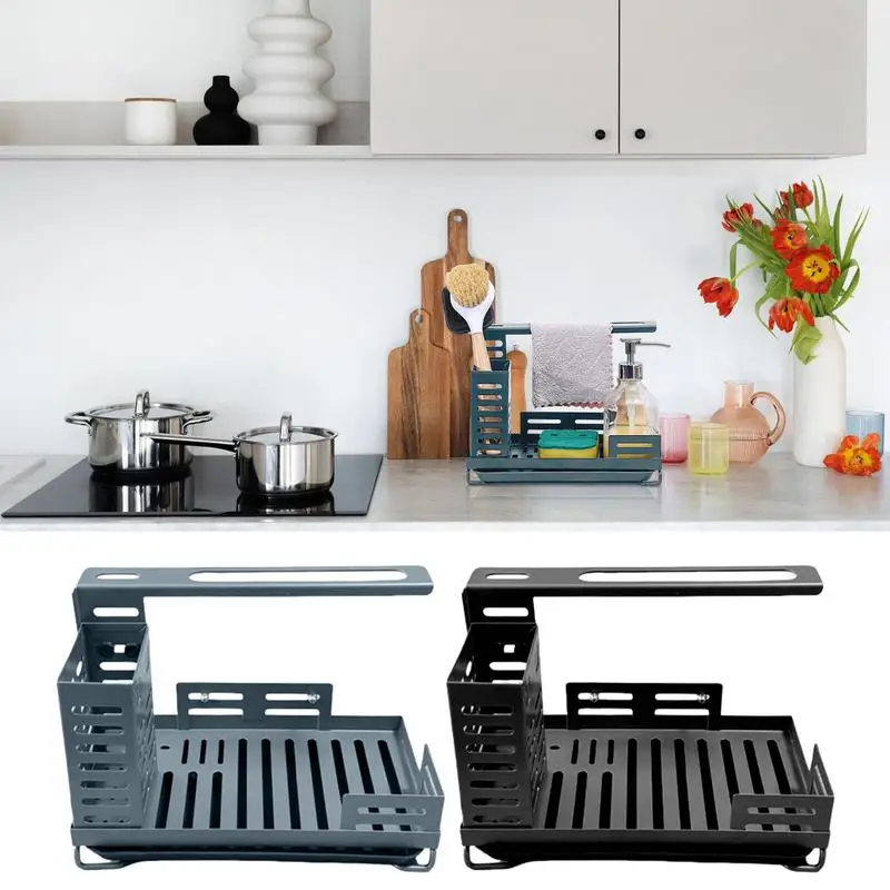

Sink Drain Rack Sink Drying Rack Utensil Holder Carbon Steel Height Adjustable Kitchen Accessories Sponge Holder With Drain Tray