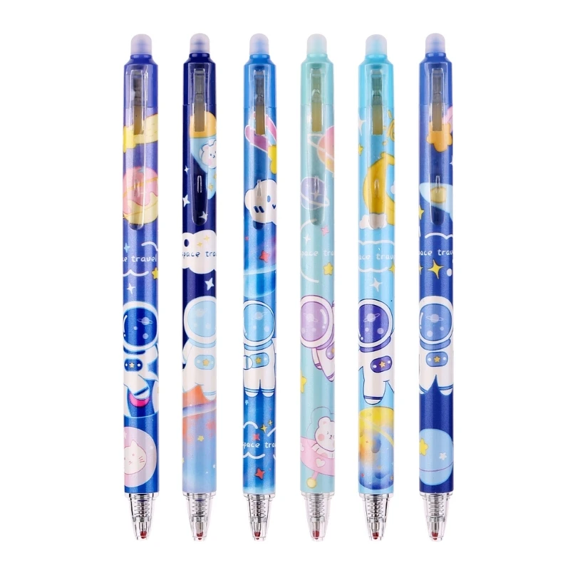 6Pcs Erasable Retractable Gel Pen 0.5mm Fine Point Cartoon Astronaut Gel Pen Smooth to Write for Writing Drawing