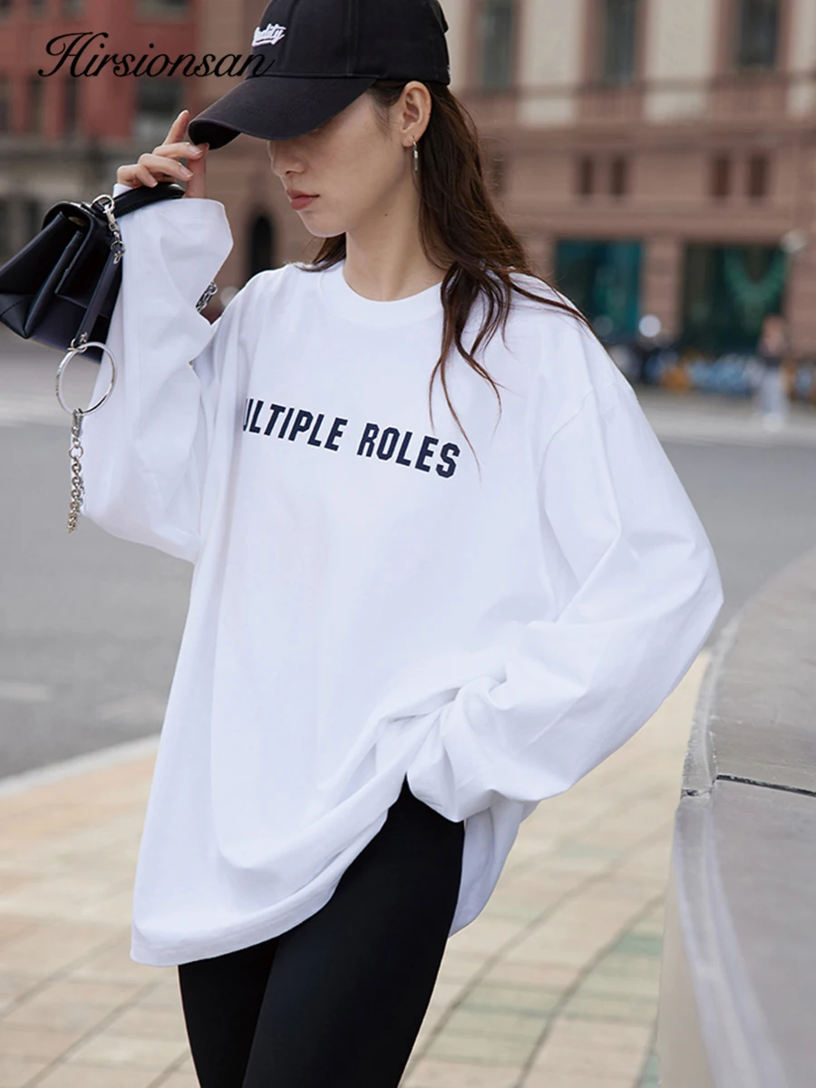 

Hirsionsan Letter Printed Long Sleeved T-shirt for Women Loose Fit Pure Cotton Round Neck Basic Top