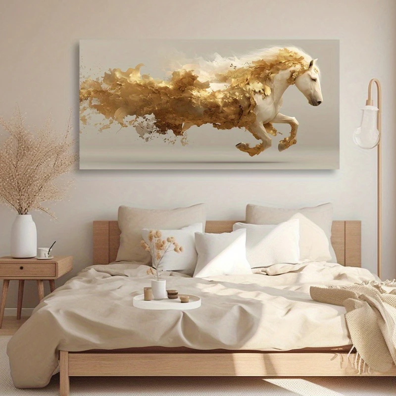 Large-sized frameless canvas paintings,Running Golden Horse Poster and Prints Modern Abstract Animal Art Canvas Painting Wall Ar