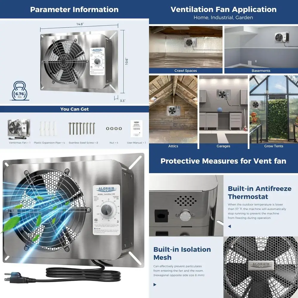 

Stainless Steel 570CM IP55 Rated Ventilation Fan with Built-In Ion Net for Basement, Garage, Attic, and Grow Tent