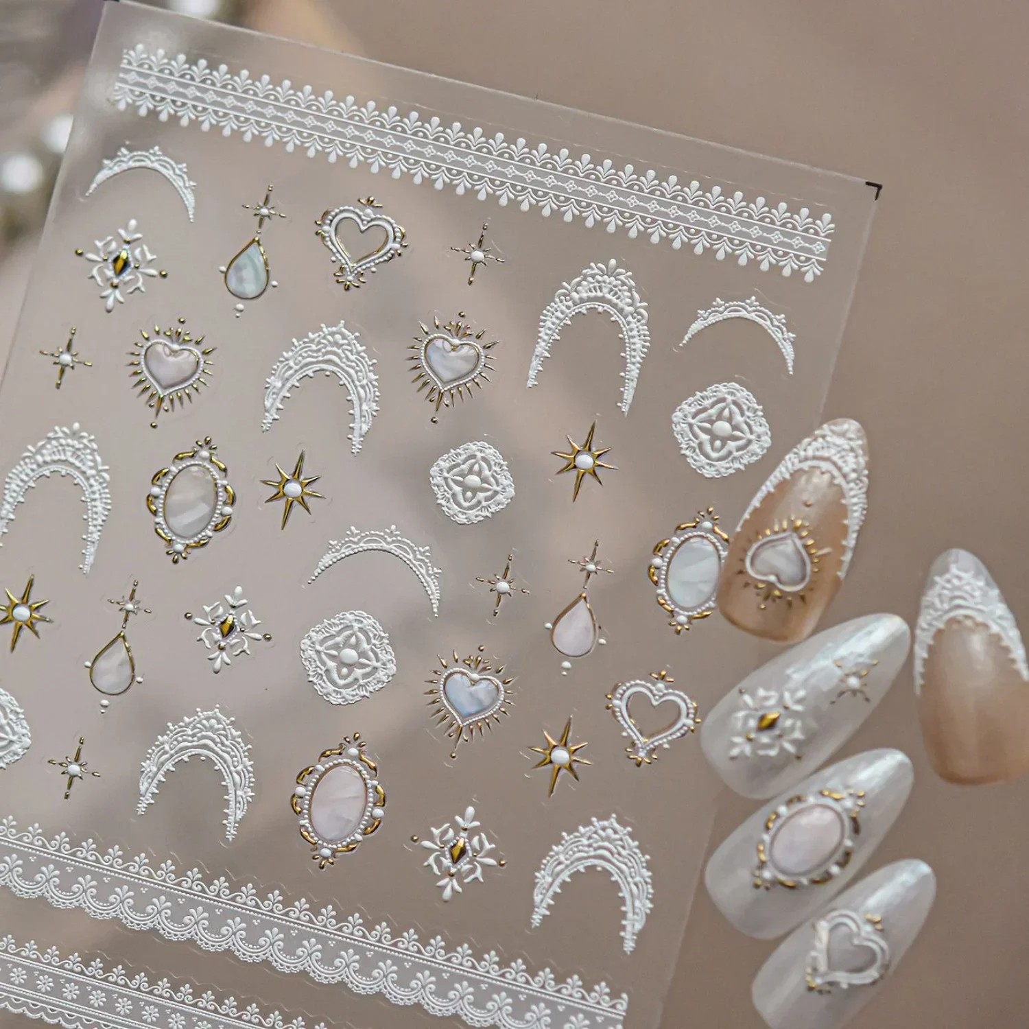 5D Lace Trim Gold Foil Gem Heart Star Moon Embossed French Retro White Lace Nail Art Stickers Self Adhesive Decals Manicure DIY