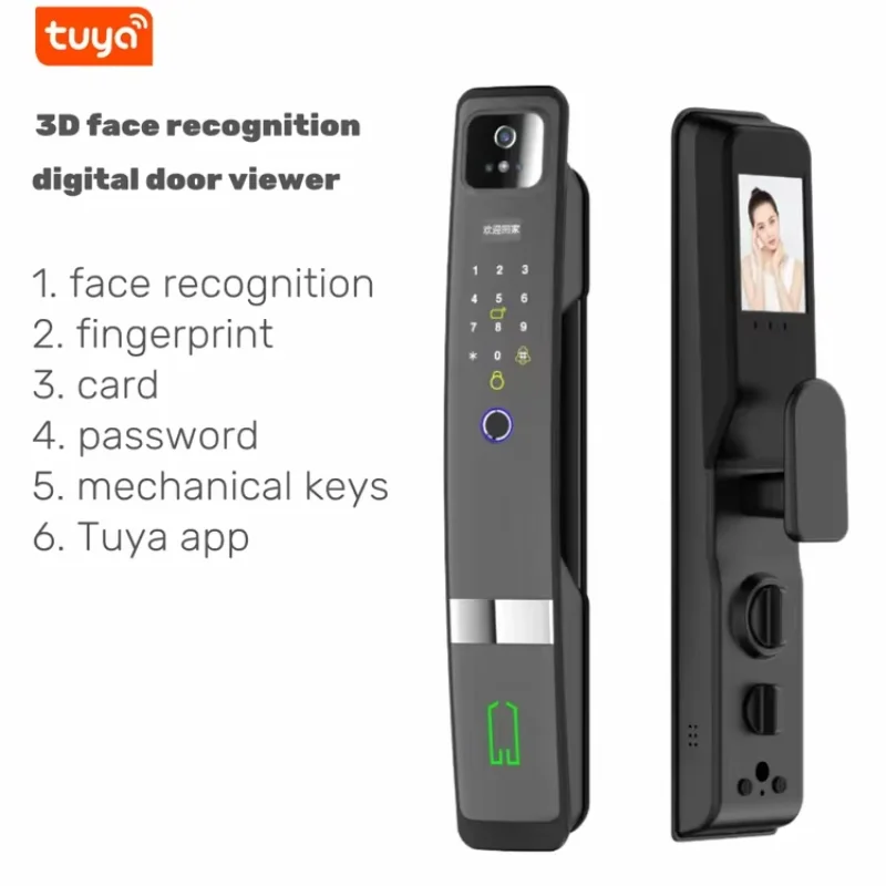 Tuya WiFi Remote Control Electronic 3D Face Recognition Smart Door Lock with Camera Screen Fingerprint and Peephole