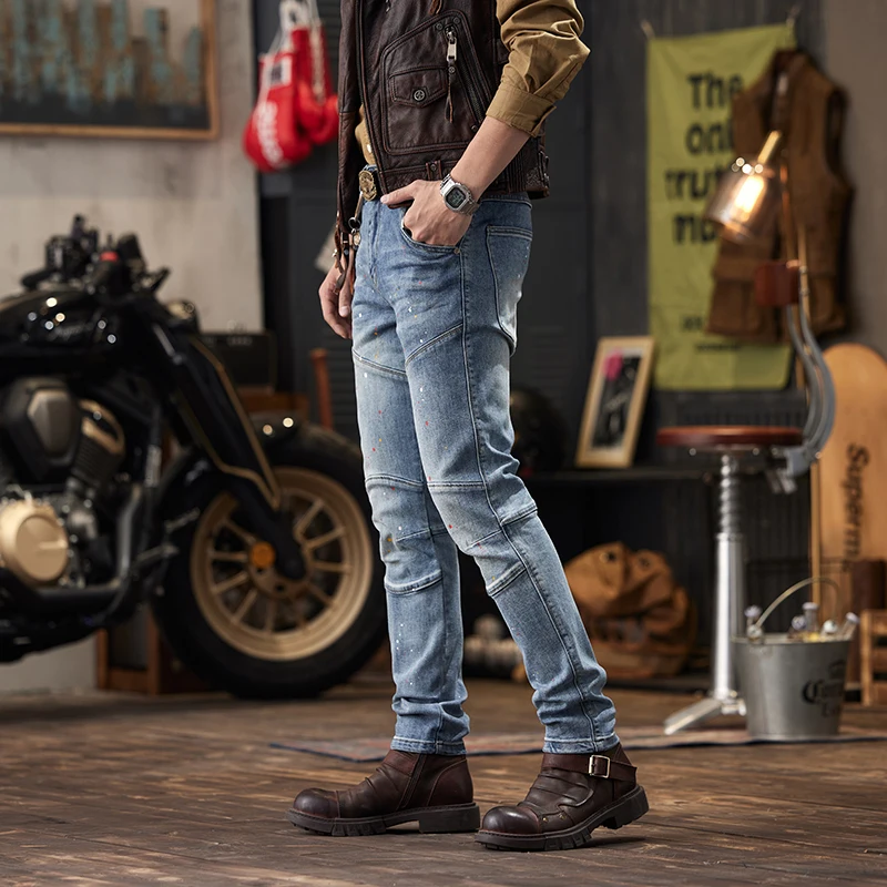 Pantalones vaqueros ajustados de alta calidad para hombre, Jeans de motocicleta, desgastados, ajustados, Retro, azul