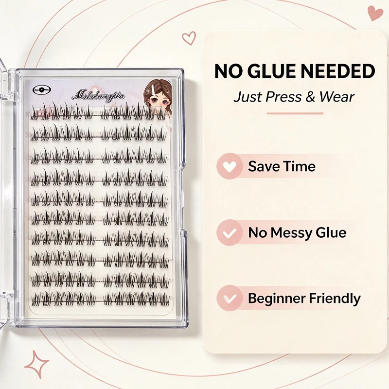 Self-Adhesive Glue Free Natural Upper Eyelash Clusters Reusable Individual False Lashes No Glue Needed Soft Wispy Lash Extensions for Beginners Daily Wear