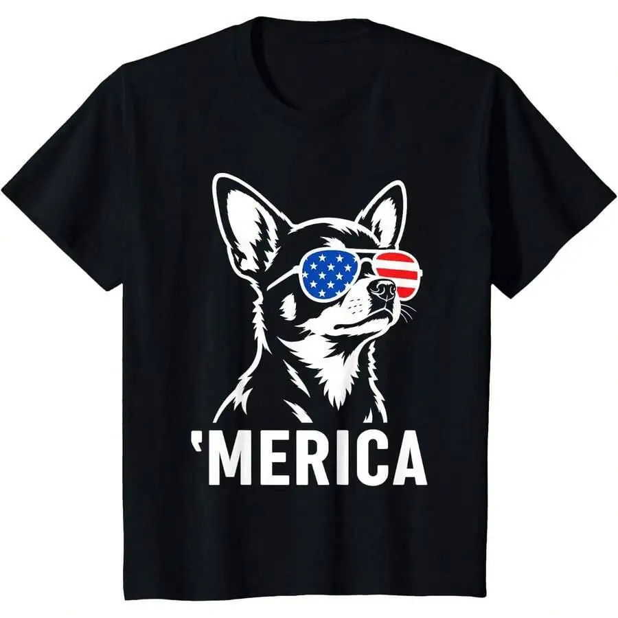 Chihuahua Dog 'Merica Patriotic 4Th Of July American Flag T-Shirt 100% Cotton Trendy Y2K Short-Sleeve Tee-Soft, Quick-Drying,
