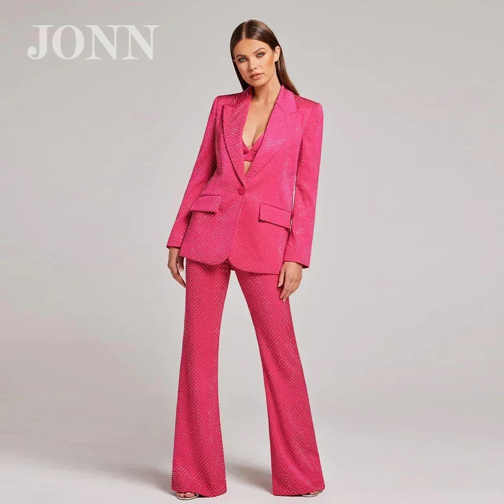 JONN 2024 Summer High Quality Women's Designer Runway Fashion Slim Fit 3-Piece Suit Set with Strass Diamonds