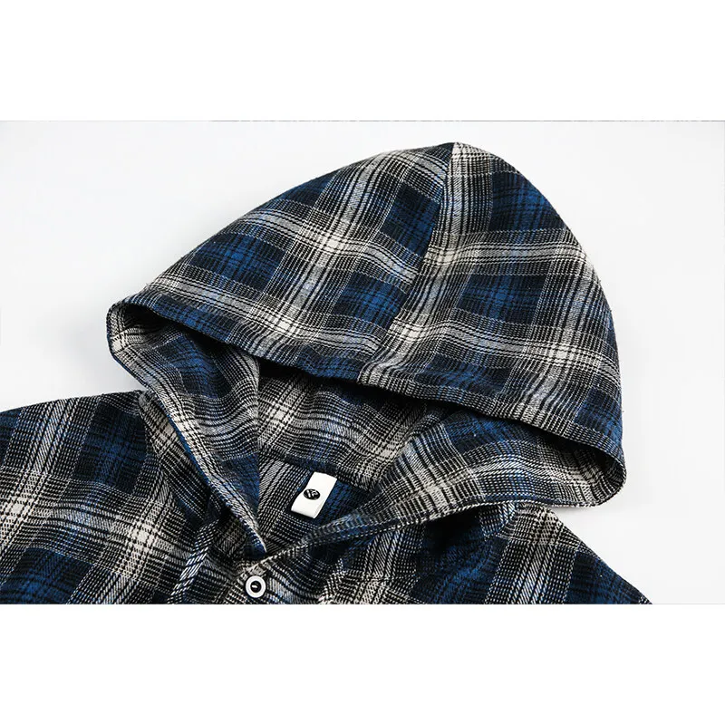 New Men\'s Hooded Plaid Shirt Loose Casual Long Sleeve Checked Overshirt Buttons Blouse Coat Male