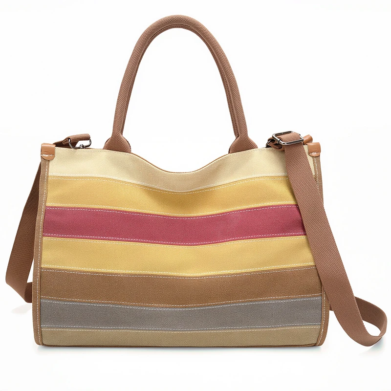 

Large-capacity Color-blocking Striped Canvas Tote Bag for Women Fashion Handbags Casual Rainbow Crossbody Bag Sacs À Main