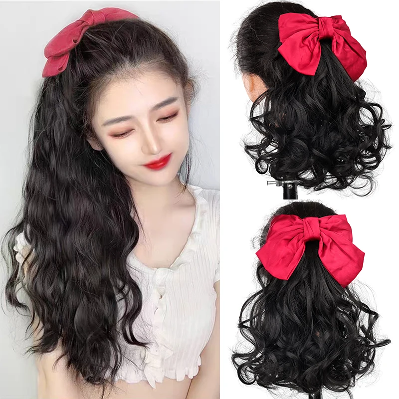 

Comb Pongtail Wig for Women Red Bow Hair Comb Long Wavy Fake Ponytail Braid Retro Headdress Party wig 10 Inch