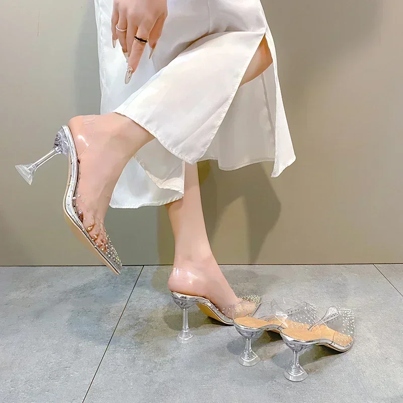 2024 new summer stiletto crystal sandals fashionable casual fairy style dress transparent PU with slip-on closed toe high heels