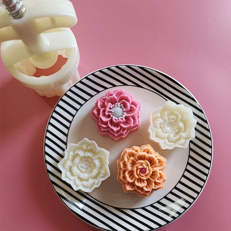 Cetakan Kue Bulan Tekanan Tangan Stempel Kue Bunga Teratai Salju Pembuat Kue Bulan Festival Pertengahan Musim Gugur Alat Kue DIY