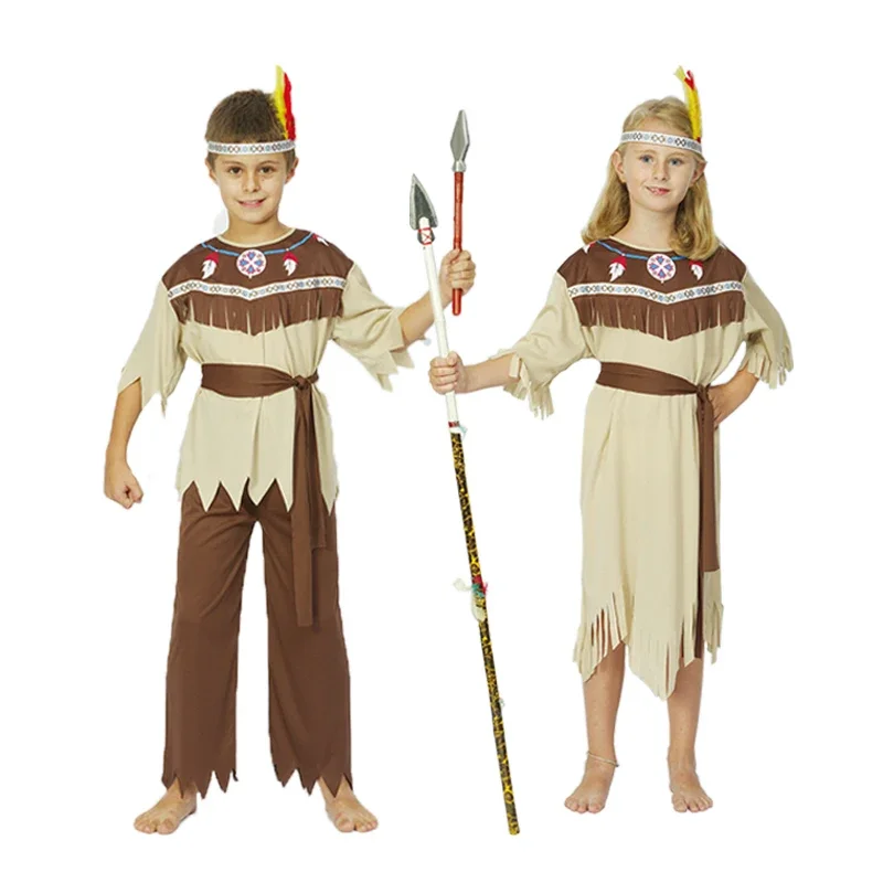 Indian Costume Cosplay Parent-child Performance Halloween Adult Male Indigenous Primitive Savage Clothes Halloween Costumes IA22