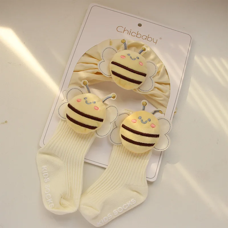 0-12 Months Newborn Baby Cartoon Cute Bee Hat Socks Fall And Winter Warm Soft Cotton Non-slip Socks Baby Hat Kids Accessories