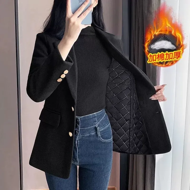 Warm Occupation Blazer Jacket Outerwear Women's Autumn Winter 2026 Fashion Slim High-End Cotton Thick Single-Breasted Suit Tops