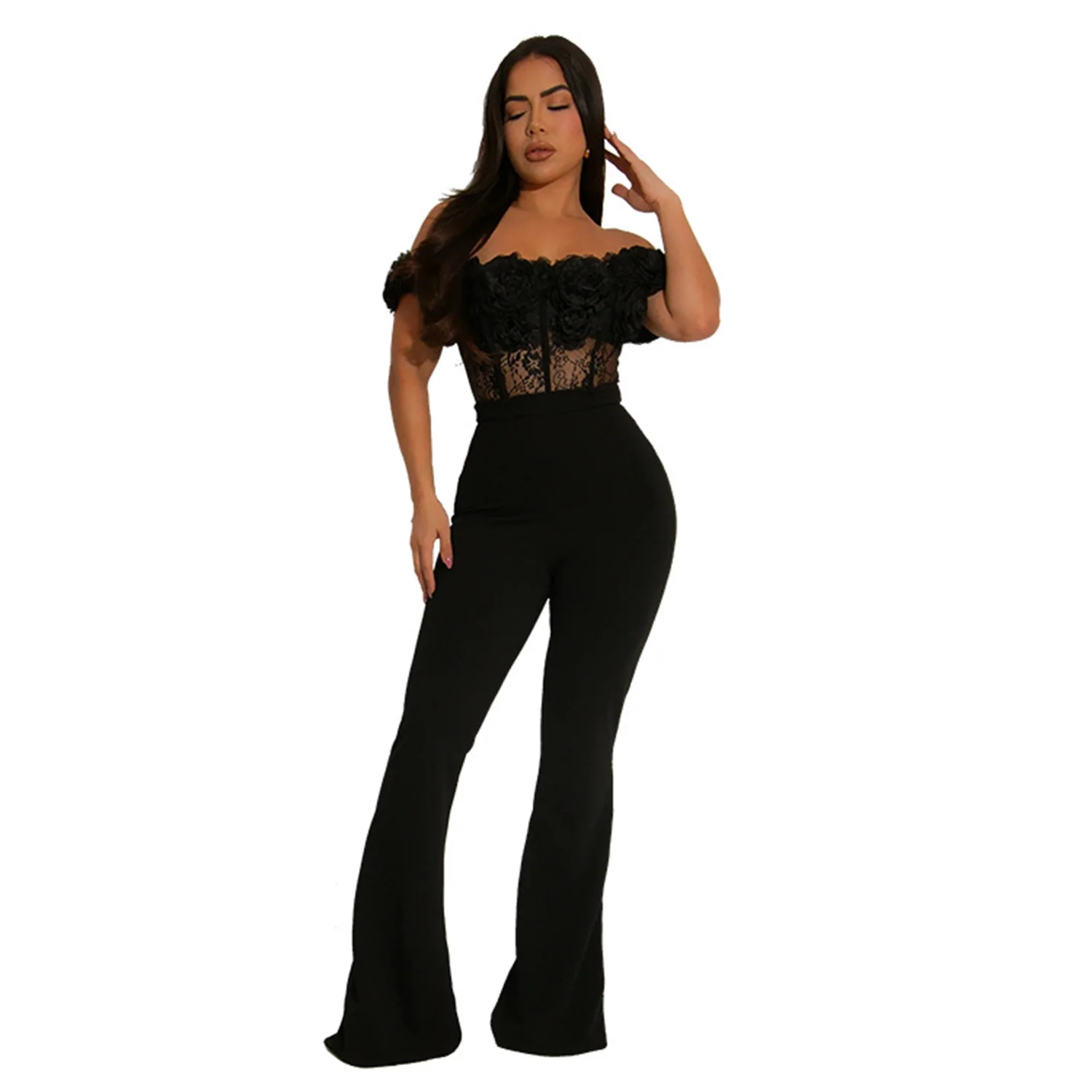 EINY 세련된 우아한 레이스 3D 꽃 Bodycon 점프 슈트 여성 민소매 백리스 플레어 바지 원피스 Romper 여성 streetwear 오버올