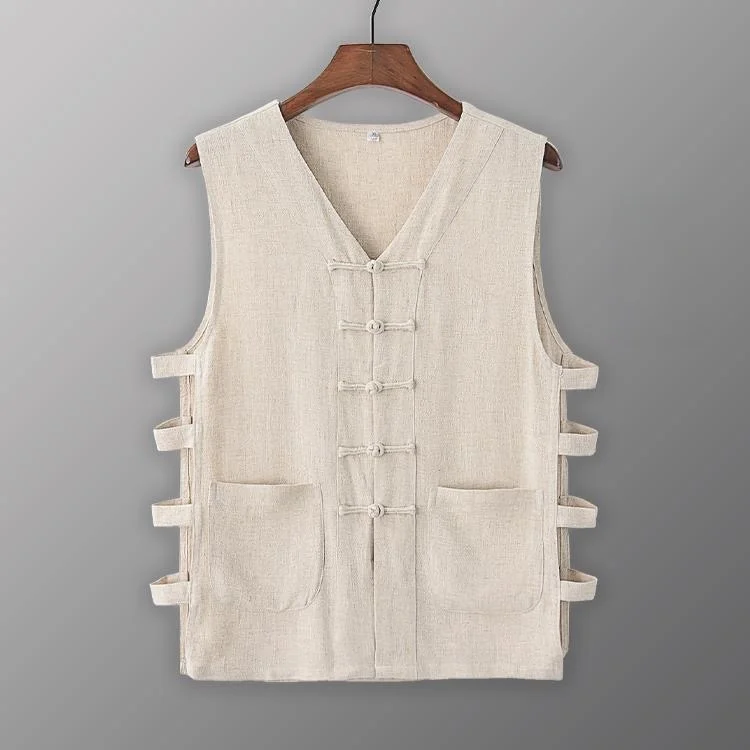 Men's Casual Cotton Linen Style Vest Shorts Retro Button Large Size Hanfu Elderly Shirt Backless Summer Season  Color