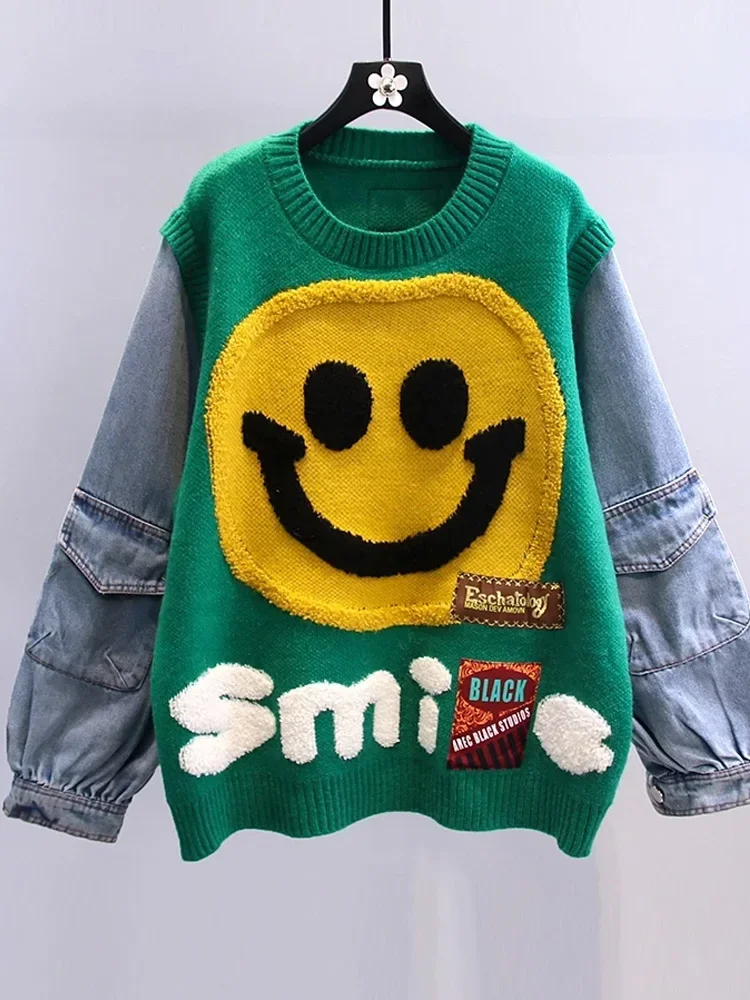 

Smiling Face Loose Sweater Tops Women Denim Sleeve Round Neck Pullover Jumpers Winter Fashion Streetwear Stylish Chic Knitwear