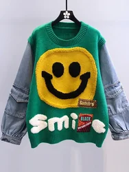 Smiling Face Loose Sweater Tops Women Denim Sleeve Round Neck Pullover Jumpers Winter Fashion Streetwear Stylish Chic Knitwear