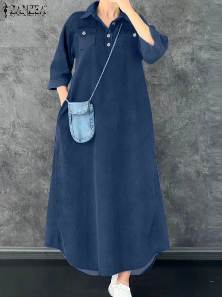 ZANZEA Fashion Spring Denim Blue Sundress Women 2025 Summer Dress Casual 3/4 Sleeve Baggy Work Vestidos Kaftan Maxi Long Dress