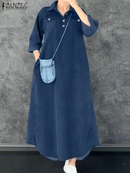 ZANZEA Fashion Autumn Denim Blue Sundress Women 2025 Summer Dress Casual 3/4 Sleeve Baggy Work Vestidos Kaftan Maxi Long Dress