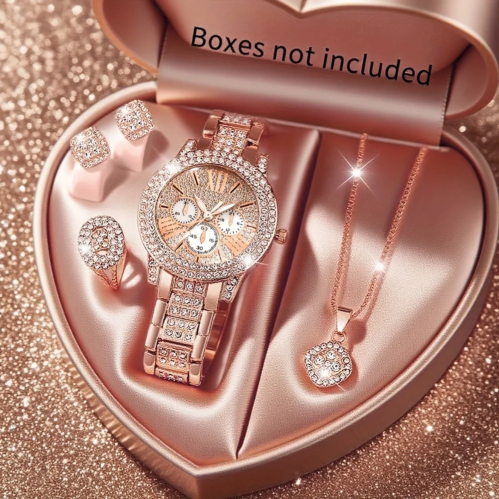 5pcs/set, Elegant Women'S Watch Jewelry Set, Exquisite Round Dial, Perfect for Everyday Wear or Special Occasions