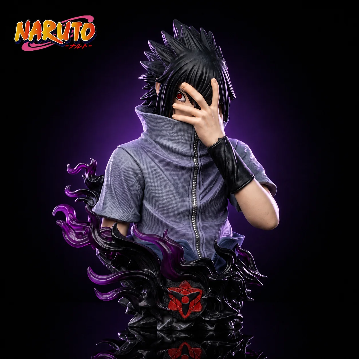 Figura de busto de Naruto Uchiha Sasuke de 14 cm, con efecto de llama morada y marca de la maldición Mangekyou Sharingan, estatua de PVC de alto detalle.