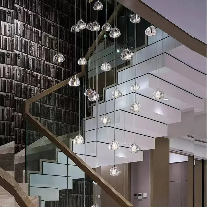 

Modern K9 crystal ball chandelier is used in villa hotel lobby living room restaurant duplex staircase lounge long hanging lamp