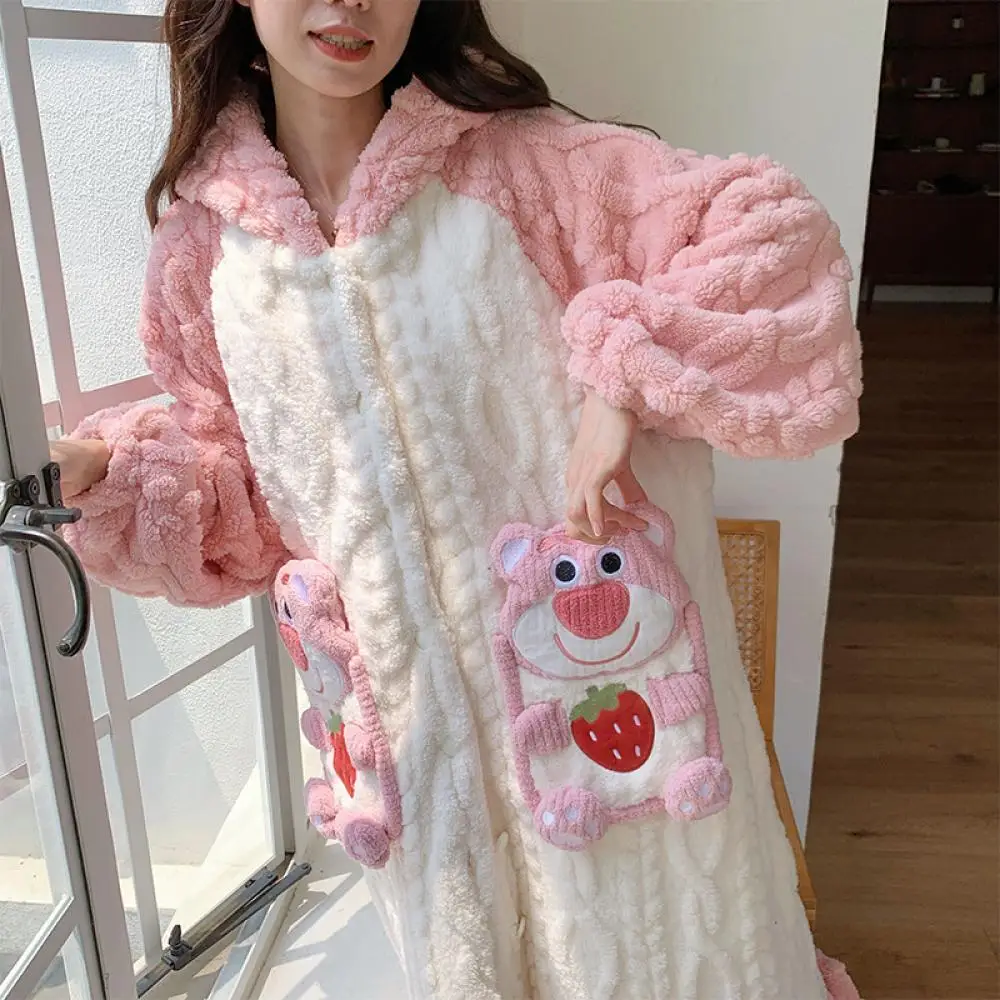 Miniso Lotso Fashion Facecloth Girls Thickened Hooded Pajamas Fall and Winter Medium-Length Cardigan Robe Warm Christmas Gift