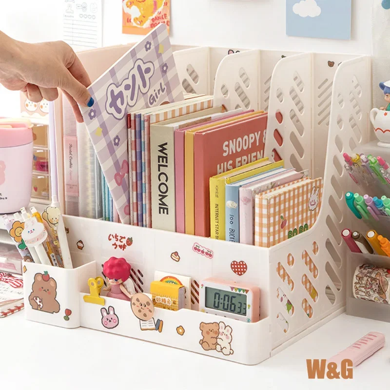 Imagem -02 - Kawaii Desk Organizer com Cesta de Armazenamento Destacável Bandeja de Arquivo do Escritório Book Stand Office Rack Dobrável Desktop