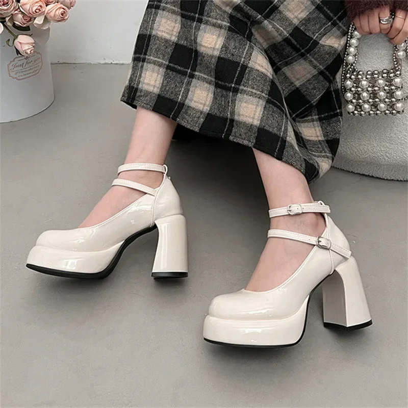 Trendy High Heels 2024 Autumn New Mary Jane Solid Color Thick High Heels Double Button Design Comfortable High Heels Women\'s