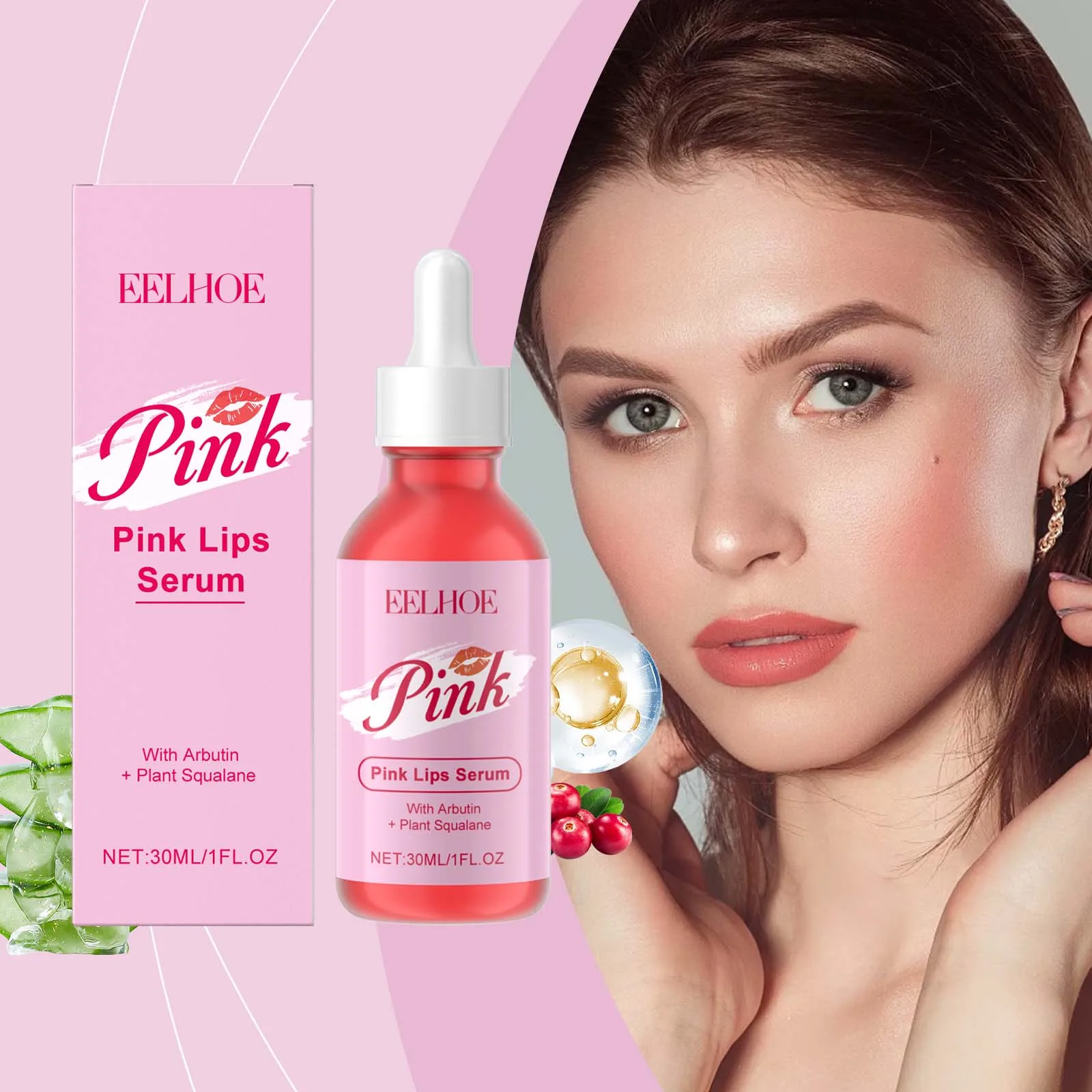 아르부틴 & 스쿠알란이 함유된 핑크 립 세럼 - 립 플럼퍼 & 브라이트너 트리트먼트 - 천연 립 틴트 효과
