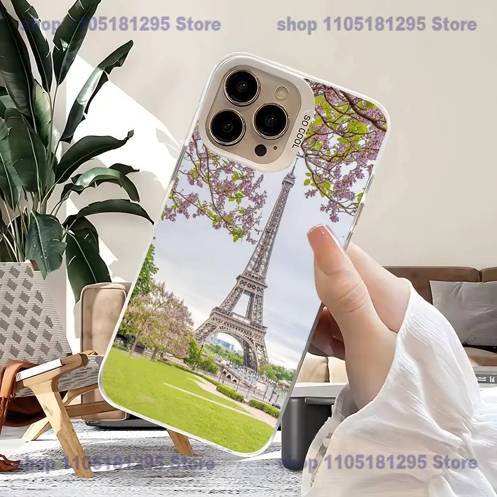 เคสโทรศัพท์ลายหอไอเฟล ปารีส สำหรับ iPhone17,16,15,14,13,12,11,Mini,Pro,SE,MAX,plus สีขาวด้าน ป้องกันการกระแทก
