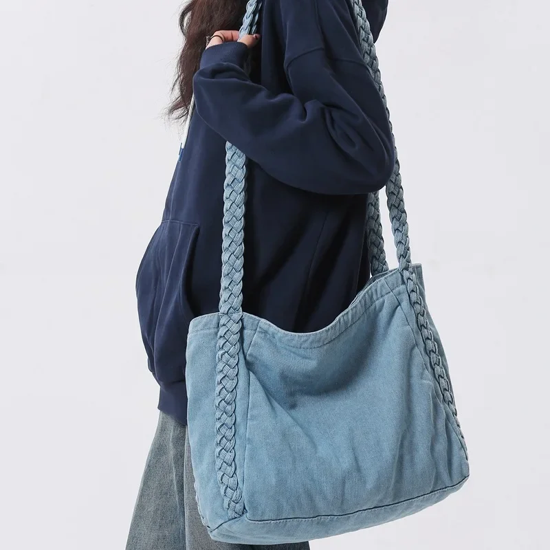 

Blue Washed Denim Canvas Bag Retro Casual Women's Shoulder Bag College Students Crossbody Book Bags Large Capacity Tote Bag