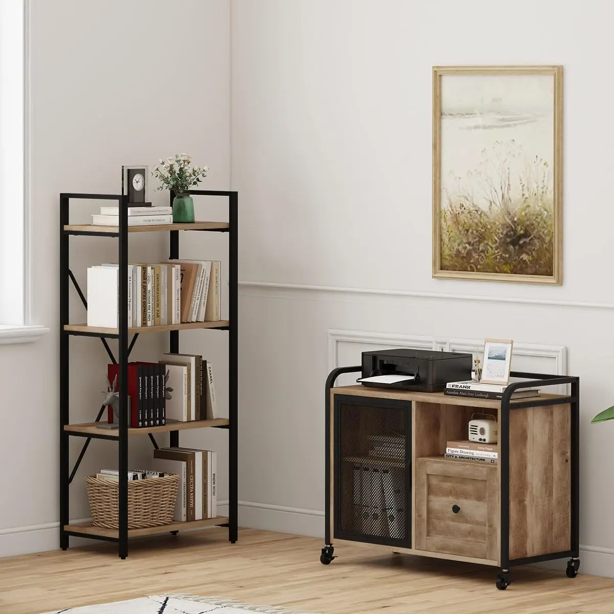 Bon Augure Industrial 4 Tier Bookshelf, Modern Open Shelving Unit Book Shelves, Filing Cabinet For Home Office, Lateral File