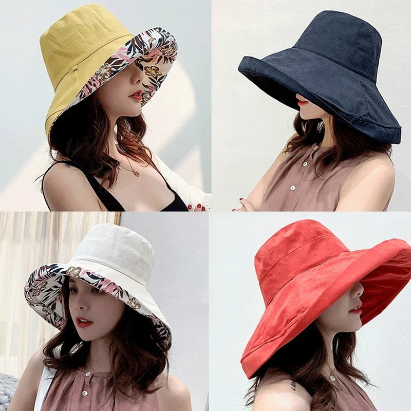 2026 Spring Summer Women's Bucket Hat Panamanian  Four Seasons Fisherman  Big Brim Hat Double-Sided Solid Color Sun Visor Cap