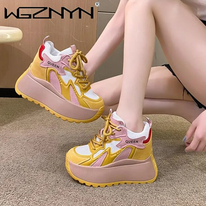 Kobiety Casual Leather Sneaker Autumn Lace up 10CM High Platform Shoes Thick Sole Sport Dad Shoes Woman Sneakers Chaussure Femme