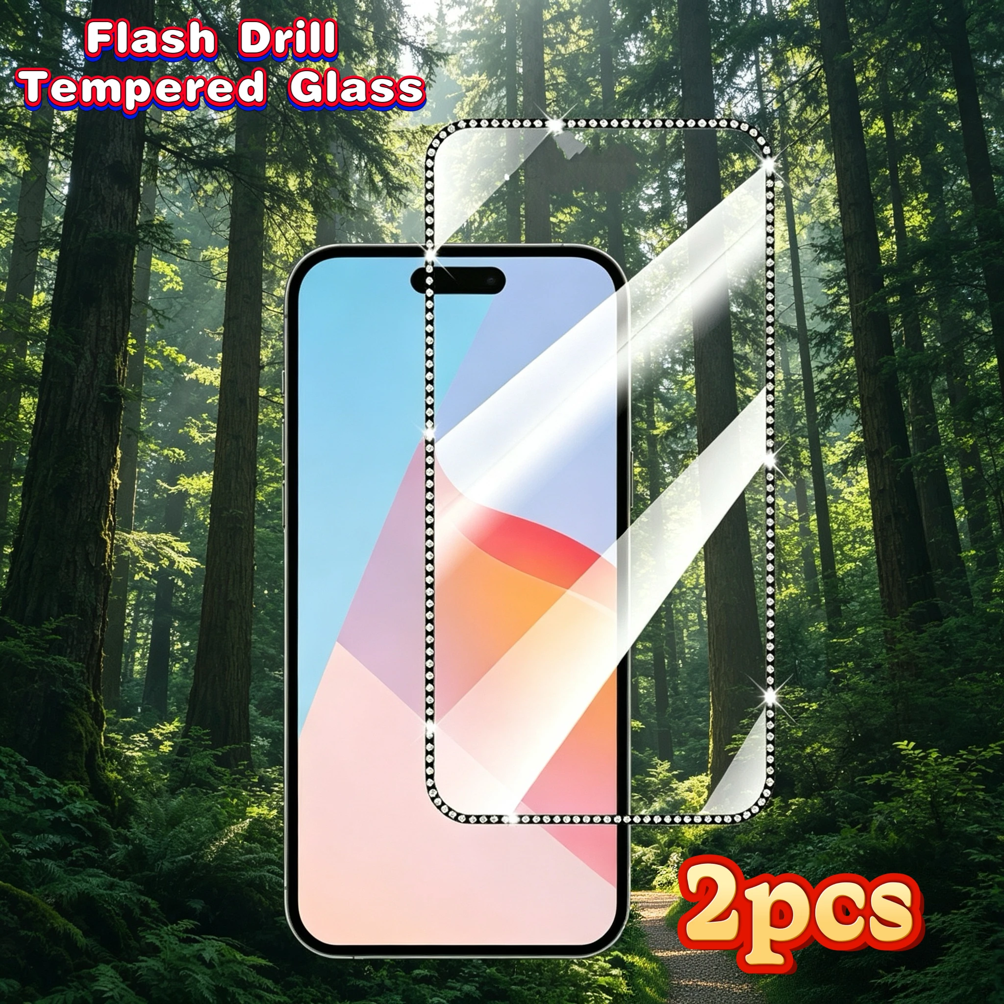 2 Stück Diamantkanten-Displayschutz aus gehärtetem Glas für iPhone 17promax/17pro/17/16promax/16pro/15promax/14promax/11/12/13/14/15/Plus - Diamant-Glitzer-Design, kratzfest und stoßfest