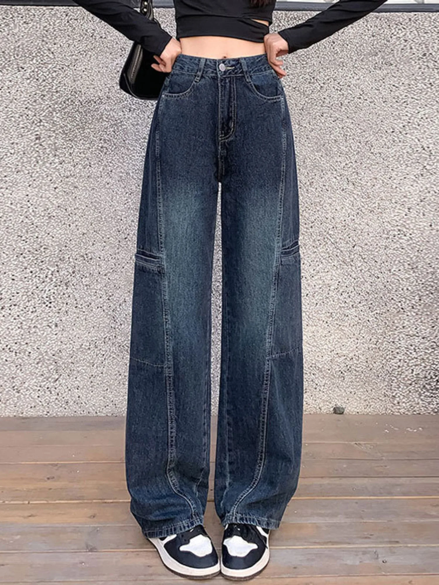 Women's Vintage Washed High Waist Cargo Jeans Wide Leg Denim Pants Utility Patch Pockets Floor-Length Baggy Jeans
