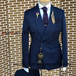 Navy Jacquard Men's Suit 2 Piece Double Breasted Blazer Wedding Groom Tuxedo Formal Male Dress