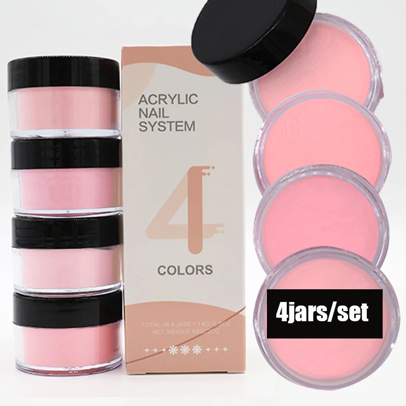 4Colors/set Nude Pink Bottled Acrylic Powder Net-15g*4=60g Professional Pink Crystal Powder DIY Nail Salon Extension Nail Powder