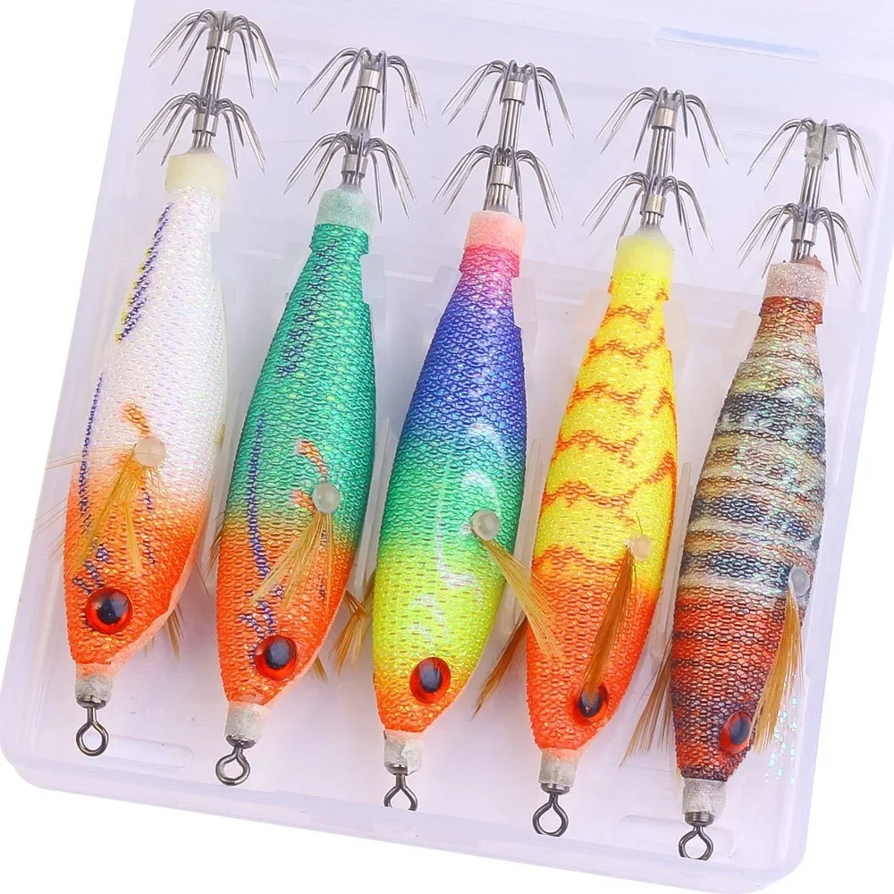 5pcs/box Glow-in-the-Dark Horizontal Shrimp and Squid Hook Hard Bait Set Suitable for Seafishing Cuttlefish Octopus