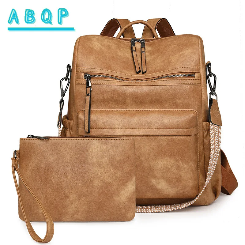 New Retro Backpack Ladies Large Capacity Backpacks Multi-functional Women's Student Schoolbag PU Material Solid Color