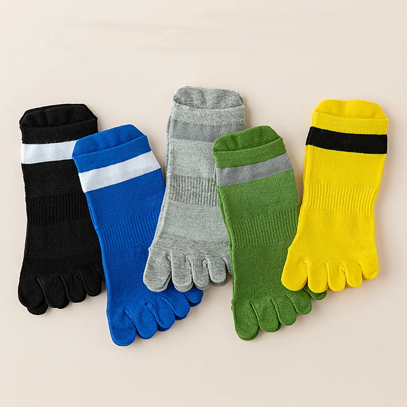 5 Pairs Sport Ankle Socks Toe Man Cotton Massage Feet Damping Striped Bike Outdoor Travel Fitness Invisible Toe Socks 4 Seasons