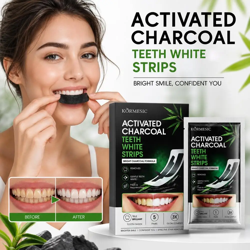 Teeth Whitening Strips Activated Charcoal Ultra-Slim Non-Slip Enamel Safe Repair Bleaching Treatment with Coconut Oil for Stain