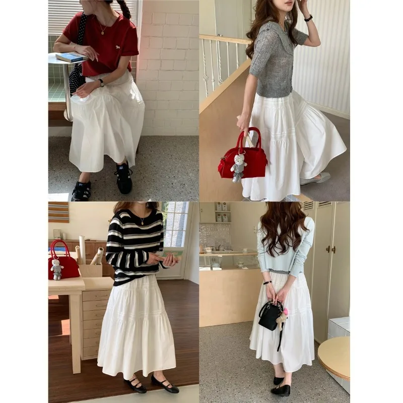 Simple Patchwork Design High-Waisted Women White Tiered Skirt High Waist Ruffle Hem Cotton Skirt Casual Boho Summer Wear Z1PZ