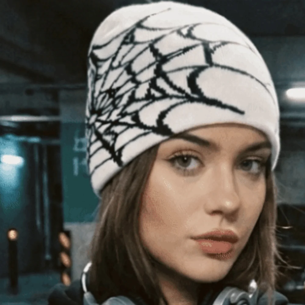 Vintage Soft Spider Web Pattern Beanie Caps Warm Stretch Pullover Hat Street Punk Multiple Colors Cuffed Knitted Hat Casual Wear