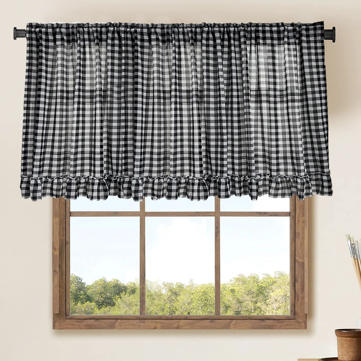 Classic Black White Plaid Ruffle Short Curtain Sheer For Kitchen Retro Tulle Drapes For Bedroom Small Window Coffee Half-curtain